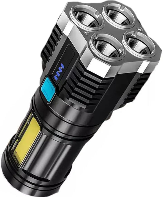 4-core Super Bright Flashlight LED Torch Strong Light USB Rechargeable Outdoor Multi-Function Lamp Tactical Camping Searchlight COB Light,Black (Black) (Modern)