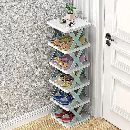 6 RackTier Narrow Shoe , Small Vertical Shoe Stand, Space Saving DIY Free Standing Shoes Storage Organizer for Entryway, Closet, Hallway, Easy Assembly and Stable in Structure, White and Green
