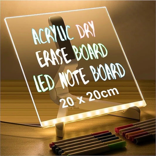 3D Acrylic Dry Erase Board with Light up Dry Erase Board with Stand as a Glow Memo LED Letter Message Board With 13 Pens (20X20 CM
