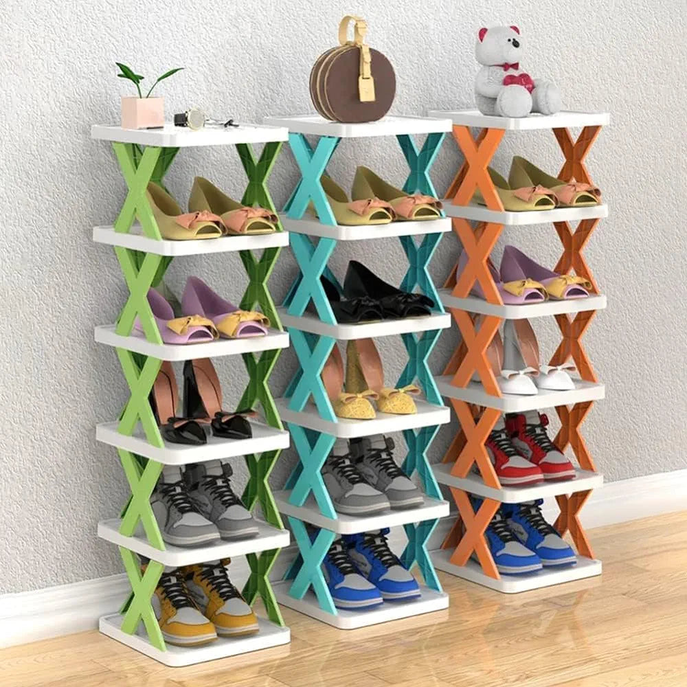 6 RackTier Narrow Shoe , Small Vertical Shoe Stand, Space Saving DIY Free Standing Shoes Storage Organizer for Entryway, Closet, Hallway, Easy Assembly and Stable in Structure, White and Green